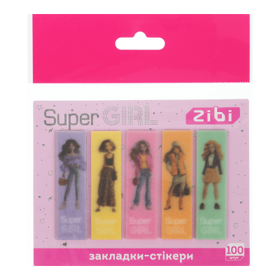 Закладки блискучі SUPER GIRL, з клейким шаром, 55x15 мм, 5 диз. по 20 арк