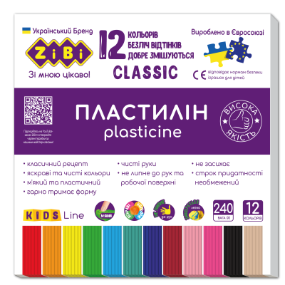 Пластилин CLASSIC 12 цветов, 240г, KIDS Line