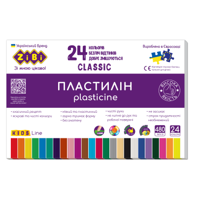  Пластилин CLASSIC 24 цветов, 480г, KIDS Line
