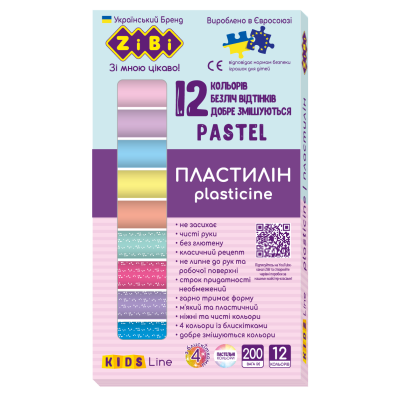 Пластилин PASTEL 12 цветов, 200г (8 пастель + 4 глиттер), KIDS Line
