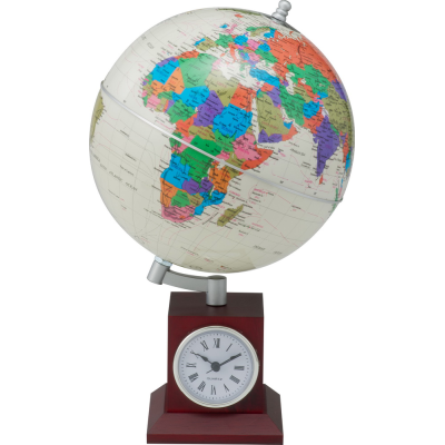 Глобус GOLD на деревянной подставке с  часами