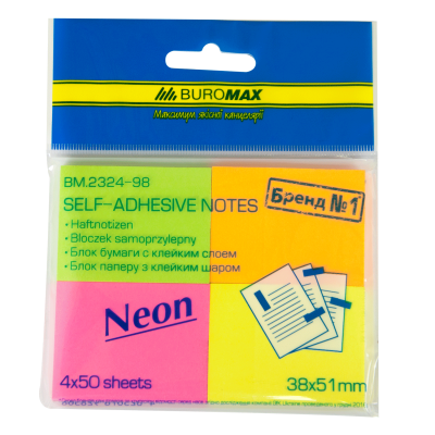 Блок бумаги для записей NEON, 38х51мм, 4 цв. по 50 л.