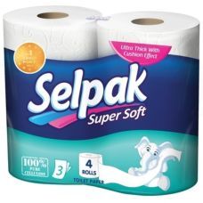 Бумага туалетная 3-слойная белый, 4-рулона, SELPAK