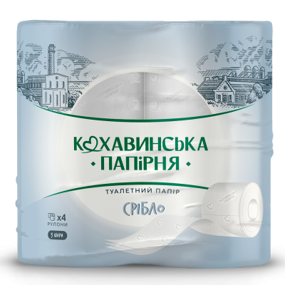 Бумага туал. целюлоз. "Срібло", по 4 рул., на гильзе, 3-х слойн., белая, КОХАВИНКА