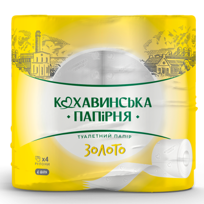 Бумага туал. целюлоз. "Золото", по 4 рул., на гильзе, 4-х слойн., белый КОХАВИНКА