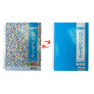 Книга записная DOUBLE, А5, 96 л., клетка, твердая ламинированная обложка, голубая/радужная